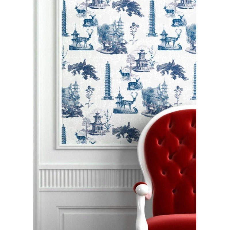 The Signature Pagoda Toile 10' L x 24" W Wallpaper Roll, Moon, Non-pasted, Faux Grasscloth
