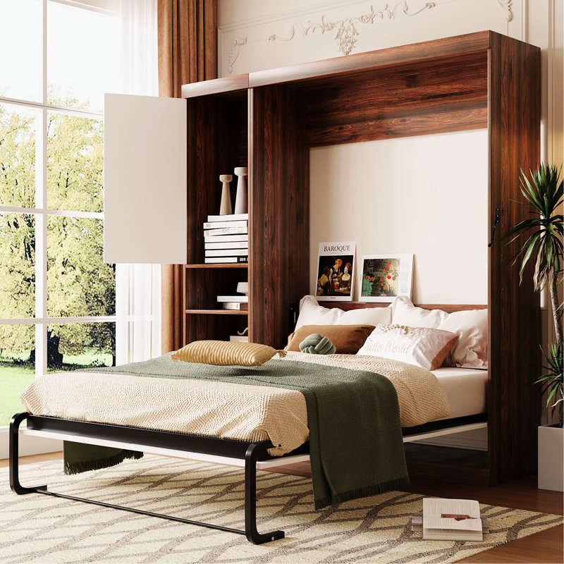Lit double blanc avec armoire latérale, multifonctionnel pour économiser de l'espace au sol dans le lit escamotable, solution de soutien confortable