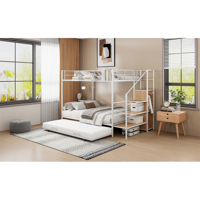 Lit superposé simple au-dessus d'un lit double en métal avec lit gigogne, échelle de rangement latérale et garde-robe, Blanc