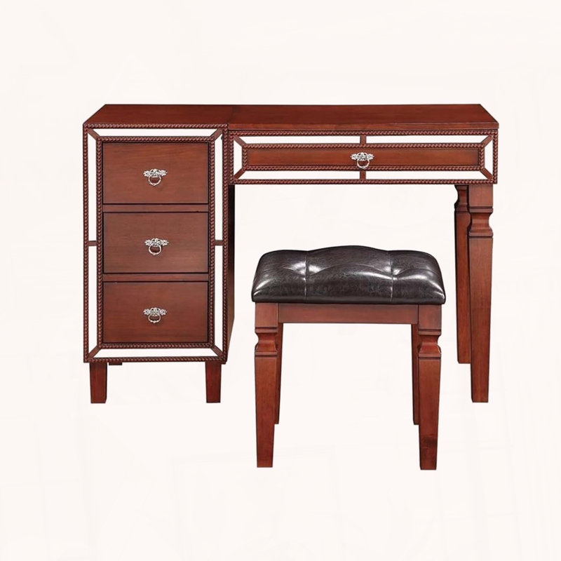 Ensemble de meuble-lavabo traditionnel avec tiroirs de rangement et tabouret capitonné