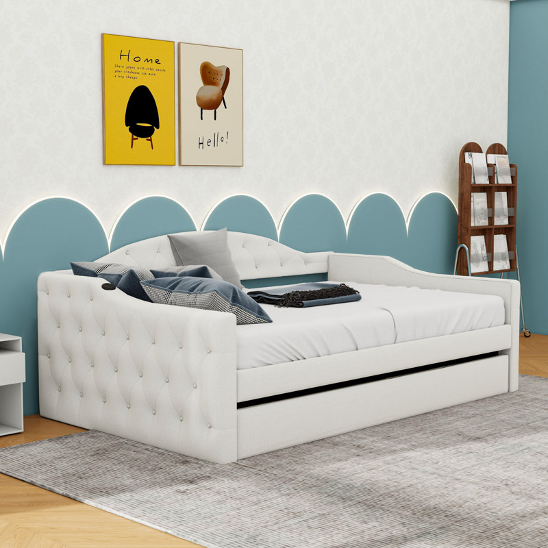 Upholstered Daybed with Trundle, USB and Type-C Charging Ports, Beige