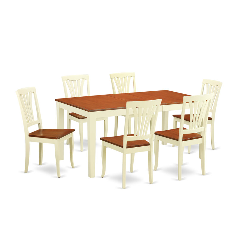 7 Piece Dining Room Table Set Consist of a Rectangle Wooden Table with Butterfly Leaf and 6 Kitchen Dining Chairs, Buttermilk & Cherry