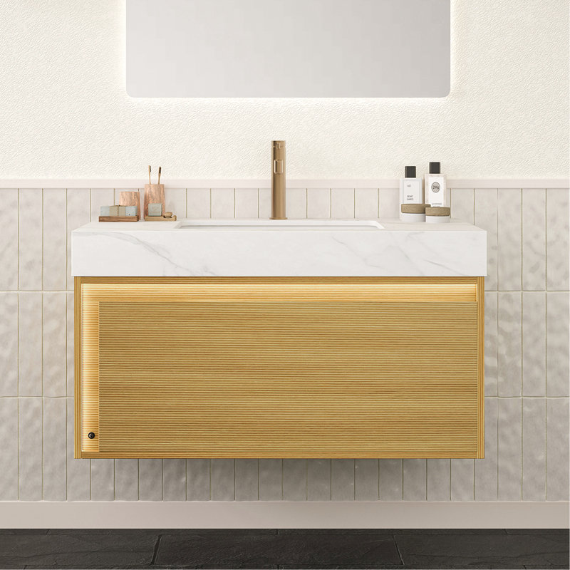 Meuble-lavabo de 36 po avec plateau en pierre frittée blanche, unité de contreplaqué flottant avec grille ultra-mince, capteur à détection de mouvement à tiroir, comptoir de meuble-lavabo pré-assemblé, lavabo sous-comptoir en céramique, grille