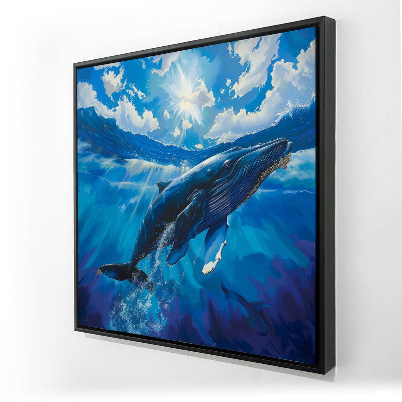 Baleine nageuse - Toile encadrée bleue pour la décoration intérieure