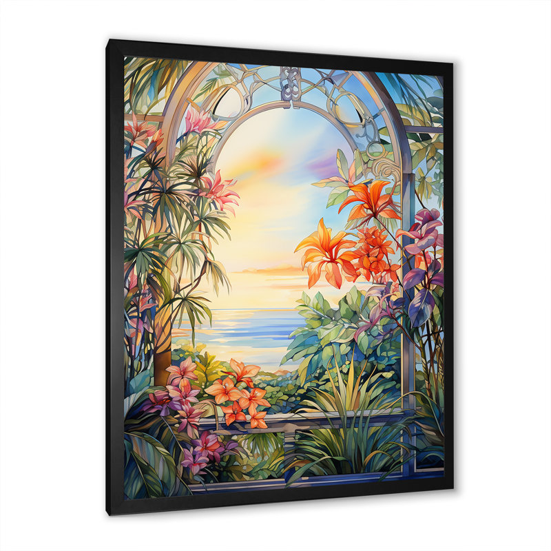 «Tropical Windows View Blooms 3», art mural floral abstrait, Cadre simple noir, H 32 po x l 24 po x P 1 po