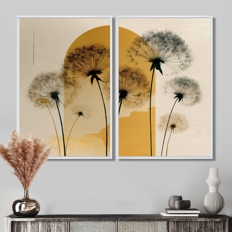 «Spring Spring Dandelion Sunset - Pissenlit, impressions sur toile, art floral sur toile noir 2 pièces, H 40 po x l 40 po
