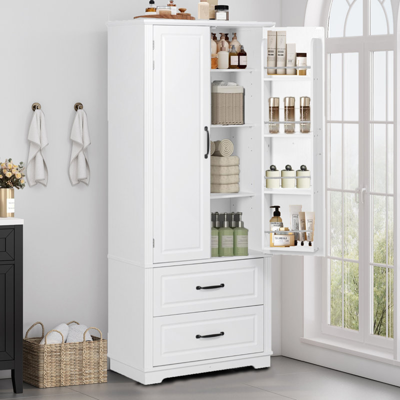 71” Farmhouse Style Multi-Purpose Storage Bathroom Tall Cabinet, Freestanding Kitchen Pantry Cabinet With 2 Large Drawers