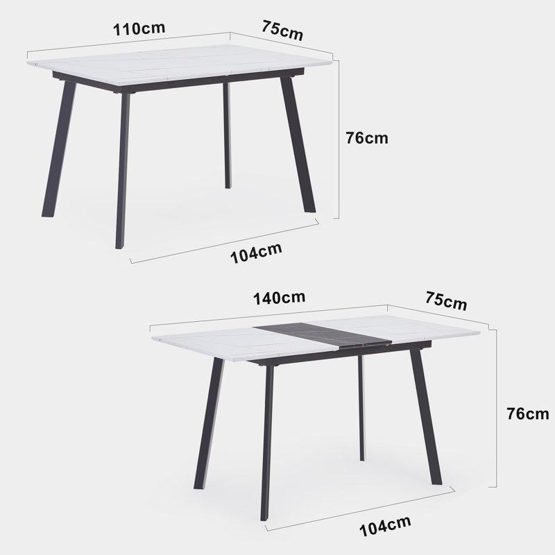 Lozano Extendable Rectangular Dining Table with Stainless Steel Base, White/Black, Black