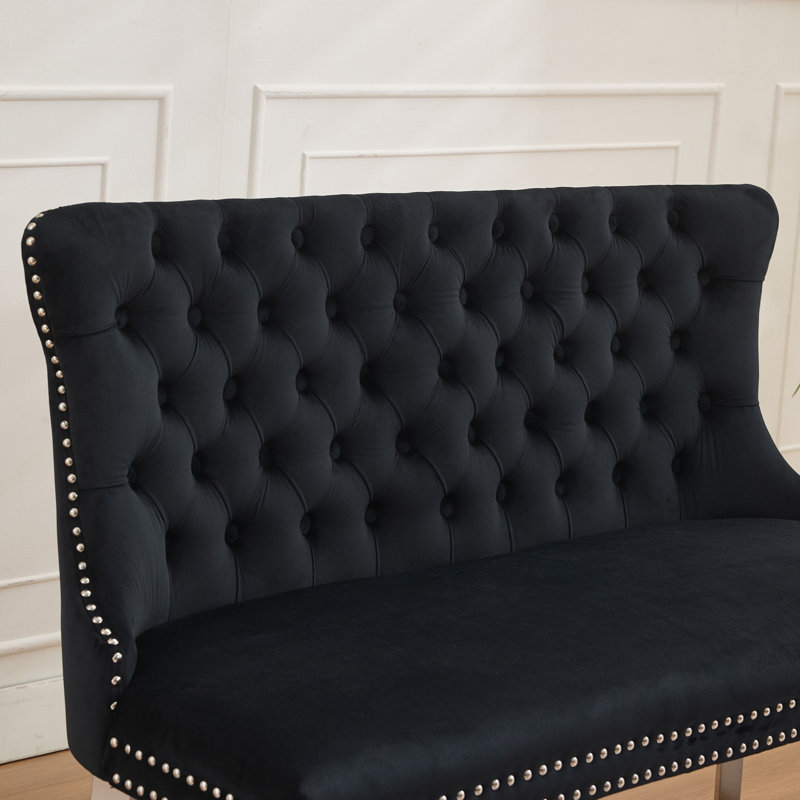 45.6”Velvet Upholstered 2-Seat Armless Loveseat, Black, Silver