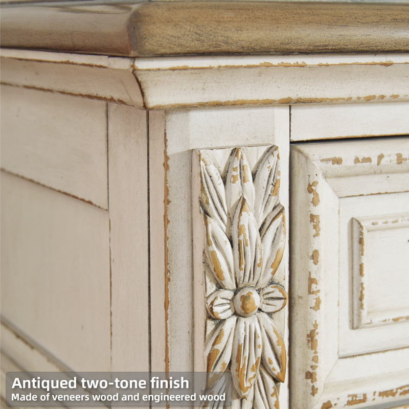 Charming Cottage White 5-Drawer Chest with Distressed Wood Top