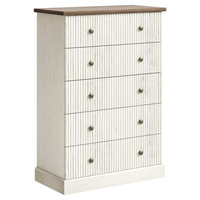 Modern Fluted 5-Drawer Chest – Spacious Bedroom Storage Dresser Cabinet – Durable Wood Construction, Metal Handles, Ideal for Clothes & Accessories – Brown-White