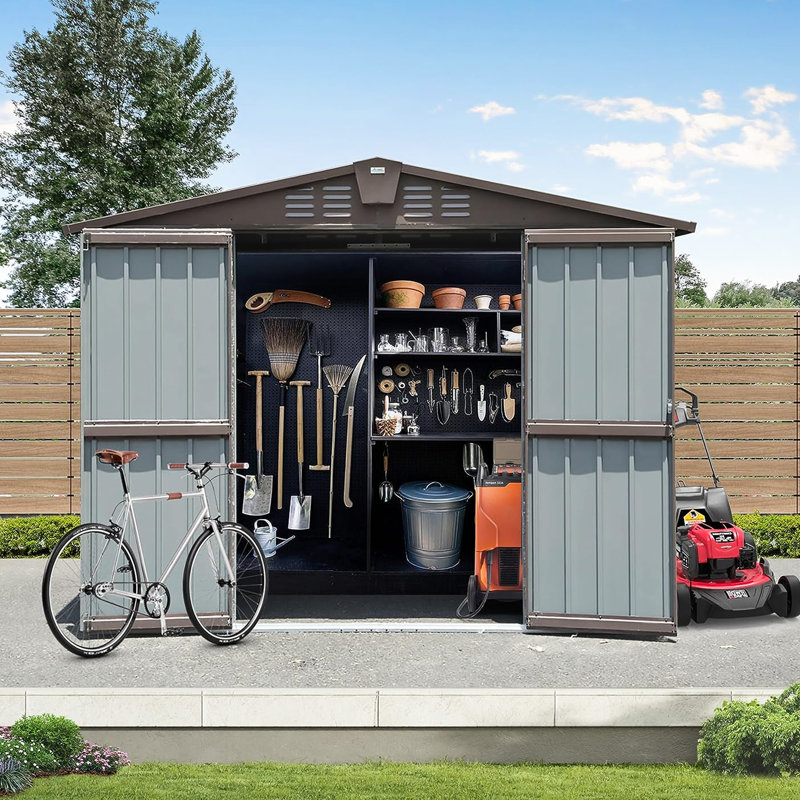 Remise de rangement extérieure en acier 8,2 pi x 6,2 pi pour porte de jardin à outils verrouillable et portes d'aération doubles