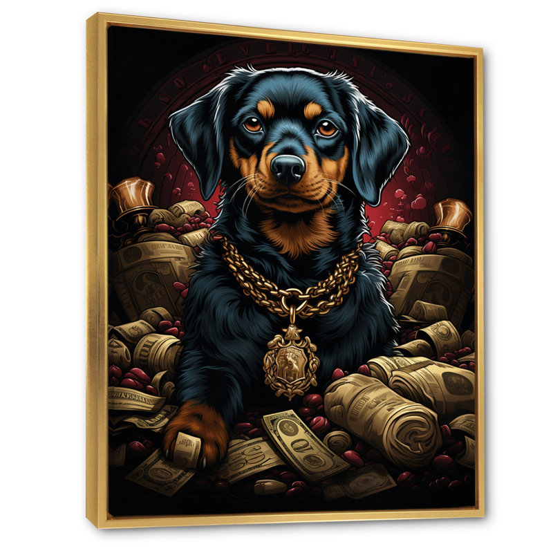 «Gangster Dachshund I» sur toile, H 40 po x l 30 po x P 1,5 po, Cadre flottant doré