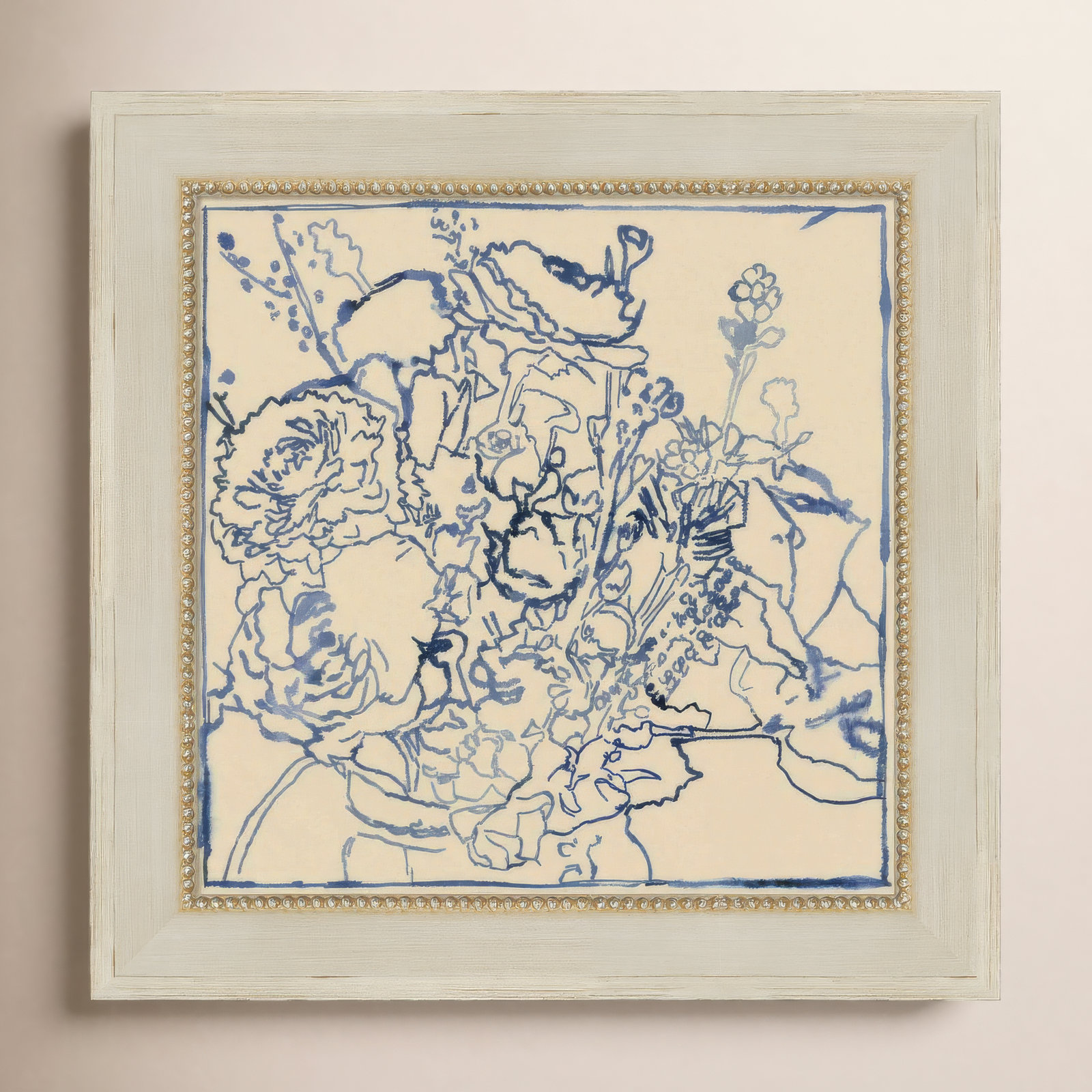 Indigo Floral Sketch I Print, Cream, 20" W x 20" H