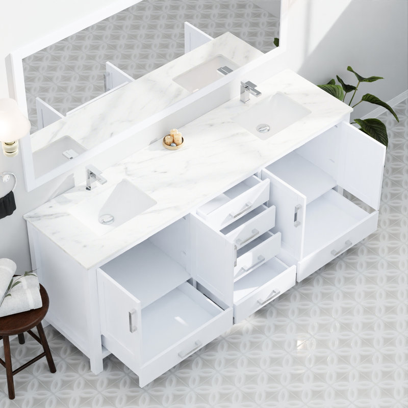 84 po Meuble-lavabo double blanc avec comptoir en marbre, robinet inclus et grand volume de rangement - comptoir de bain à mécanisme de fermeture en douceur et deux armoires intérieures pour quatorze tiroirs
