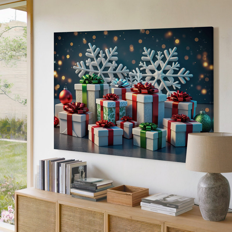 Toile «Une fête festive remplie de cadeaux de Noël magnifiquement emballés», art mural sur toile rouge de différentes tailles et motifs