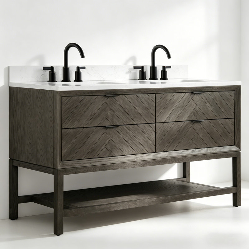 60" Freestanding Double Sink Solid Wood Gray Oak Bathroom Vanity with Engineered Marble Top, Gray Oak
