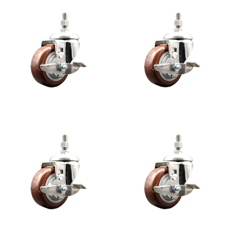 Ensemble de frein à roulettes à tige filetée 3,5 pouces en polyuréthane marron de 3,5 pouces et ½ pouce