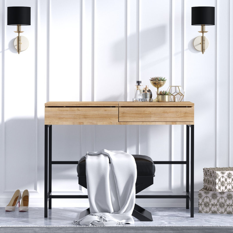 Modern Make-Up Table with Metal Legs, Oak & Black Finish, 39.4 x 17.7 x 17.7 inches | 100% Melamine Coated Particle Board, 0.7 inches Thick | Wall-Mountable Design with Multiple Shelves, Perfect for Elegant Spaces