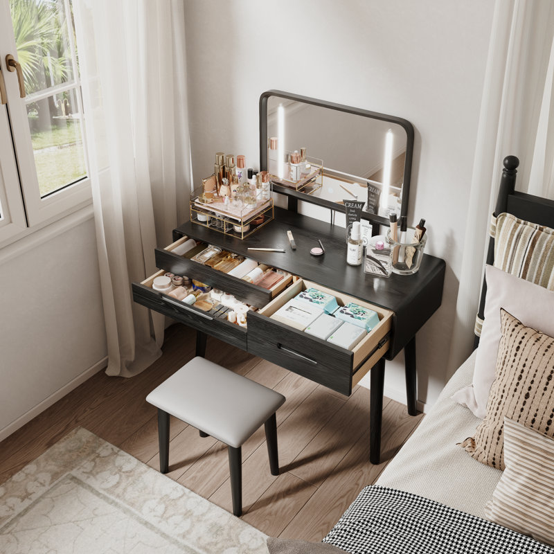 Solid Wood Makeup Vanity, Detachable Mirror, Adjustable Lighting, Equipped with Three Drawers, Black, 39.4" W