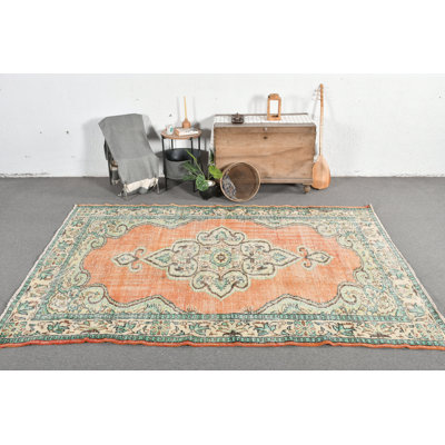 Grand tapis turc Oushak fait à la main, parfait pour les décors de style rétro, ethnique et bohème chic, orange / vert