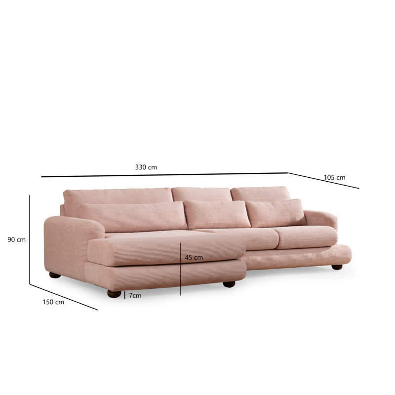 Élégant canapé d'angle, tissu rose, 59,1 x 130,0 x 35,4 pouces | Structure en bois de hêtre et en carton, 100% polyester, nettoyage à sec | Support 28 en mousse souple et à ressorts | Conception élégante avec pieds en noyer pour les salons modernes