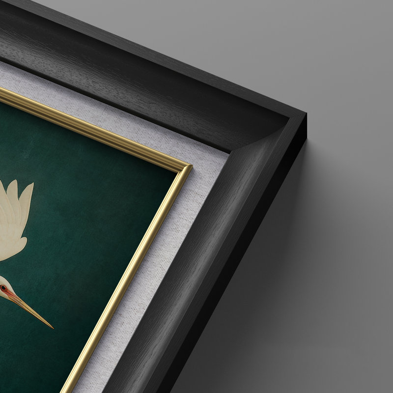 Elegant White Crane Deep Emerald Classic - Set of 2 Premium Framed Wall Art Print on Paper 26"x36", Black