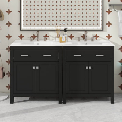 60" Fashionable Dual-Sink Bathroom Vanity Set With Dual Vanities, Adjustable Shelf & Soft-Close Doors