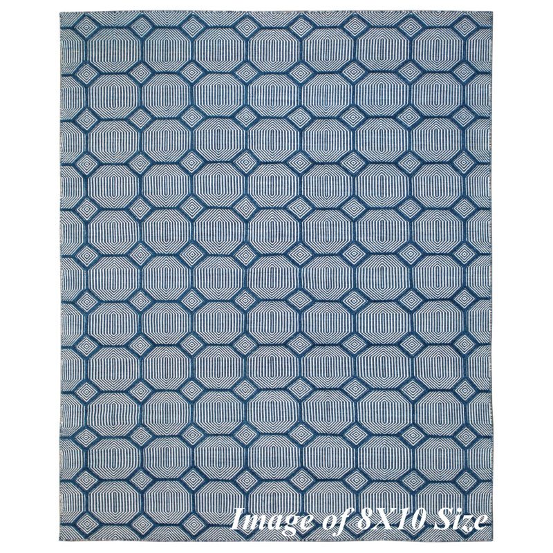 Preston Wool Geometric Area Rug in Ivory/Blue, Runner 4' x 20'