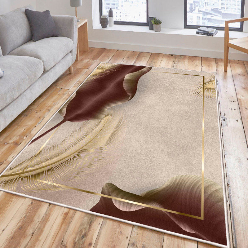 Luxurious 100% Cotton Area Rug (3.3 x 9.8 ft), Antibacterial with Non-Slip PVC Underside, 1200 g/m² | Pile Height: 0.4 in, Total Thickness: 0.3 in | Machine Washable, Beige & Gold, Elegant Design for Living Room & Bedroom