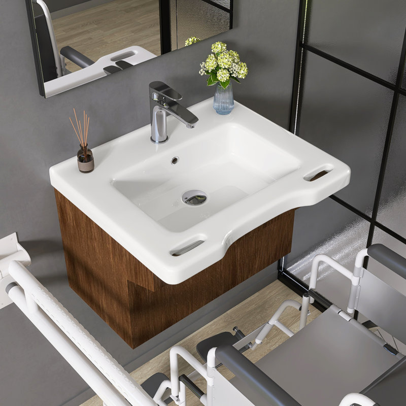 23.6" × 19.6" ADA Ceramic Sink with Single Faucet Hole, Wall Mount & Drop-In Installation, Vitreous China with Overflow and Rounded Edges in White