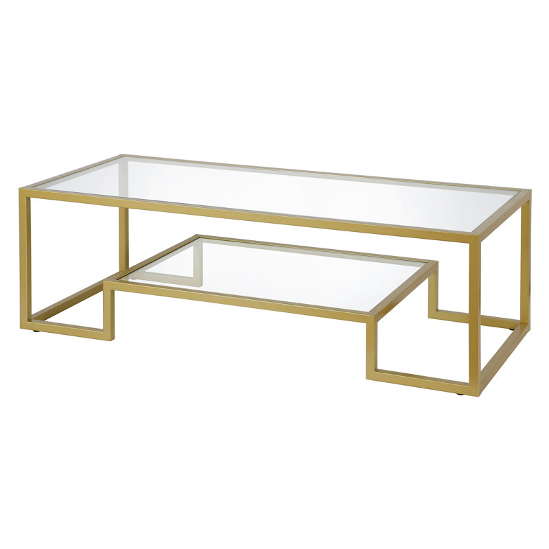 Athena Glass Top Coffee Table, Brass, 17" H x 54" L x 24" W
