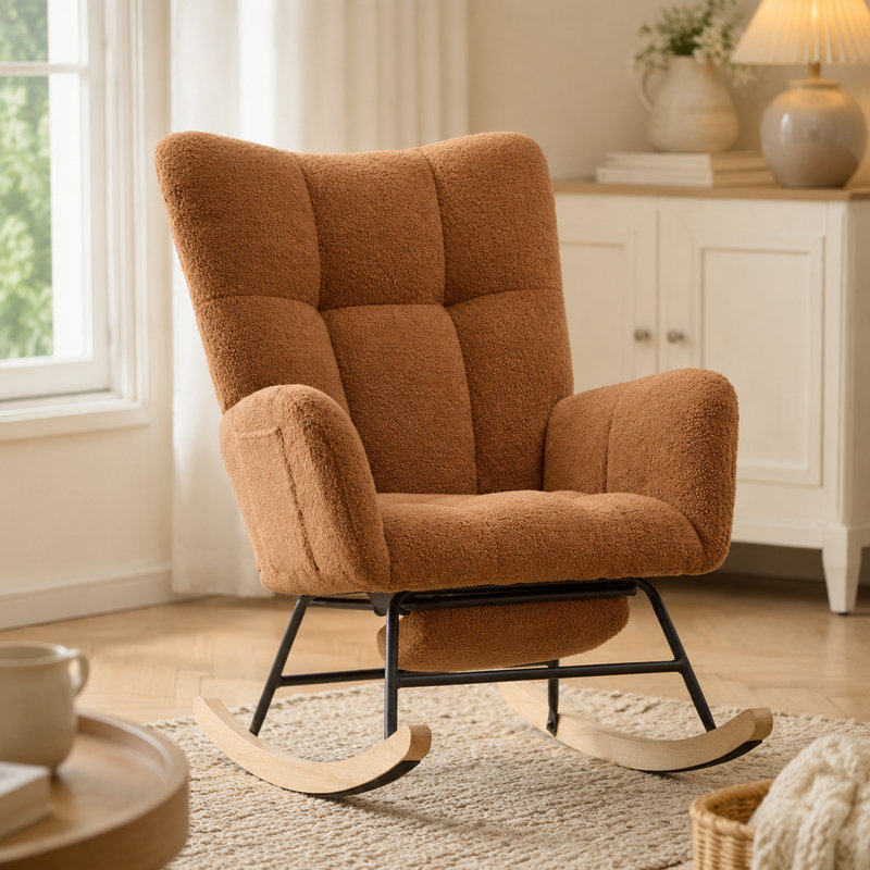 Ensemble chaise berçante à oreilles et repose-pieds en tissu Teddy, chaise d'allaitement avec poche latérale, base en bois massif, marron