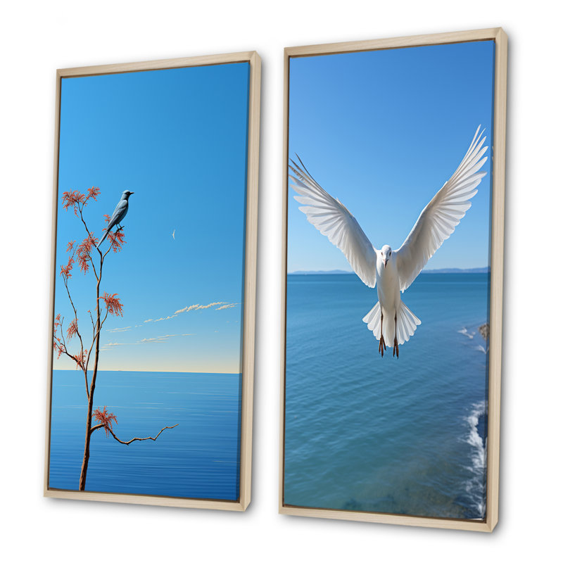 «Seagull Costal Horizon», ensemble de 2 reproductions d'art mural côtier, Cadre flottant brun, H 28 po x l 25 po