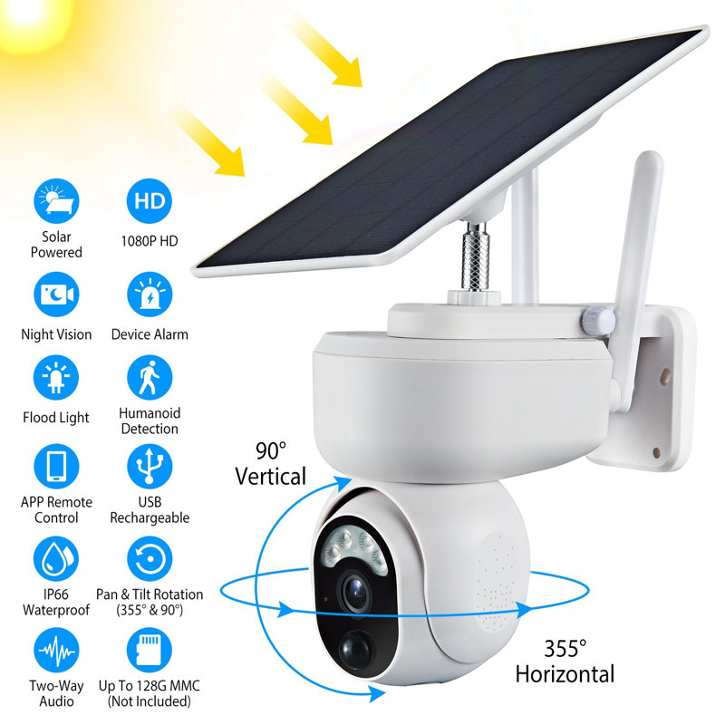 Caméra de sécurité solaire WiFi, IP66 imperméable, 1 080 P, vision nocturne, détection humaine, audio bidirectionnel
