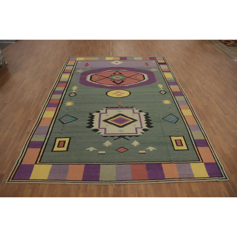 Tapis vert kilim en laine vert 9 x 12