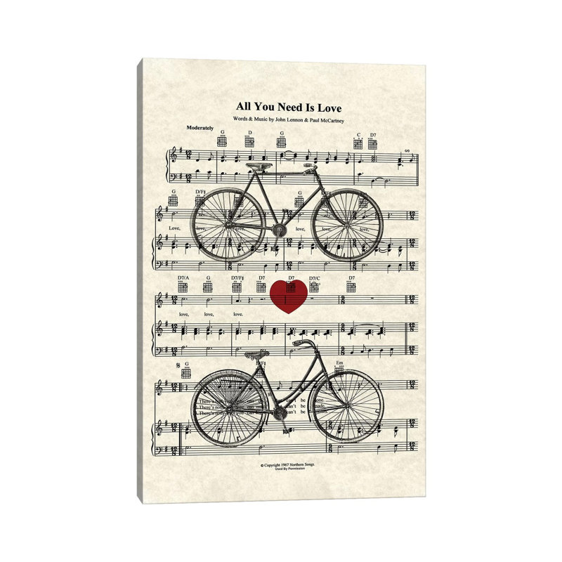 All You Need Is Love - His And Her Bicycles by WordsAndMusicArt - Wrapped Canvas Print, 101.6 cm H x 66.04 cm W x 3.175 cm D