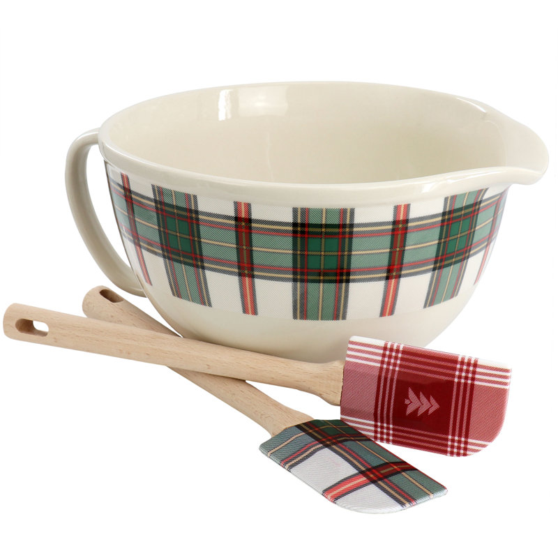 Martha Stewart 3 Piece Holiday Plaid Stoneware 3.4qt Batter Bowl Set with Silicone Spatulas in White