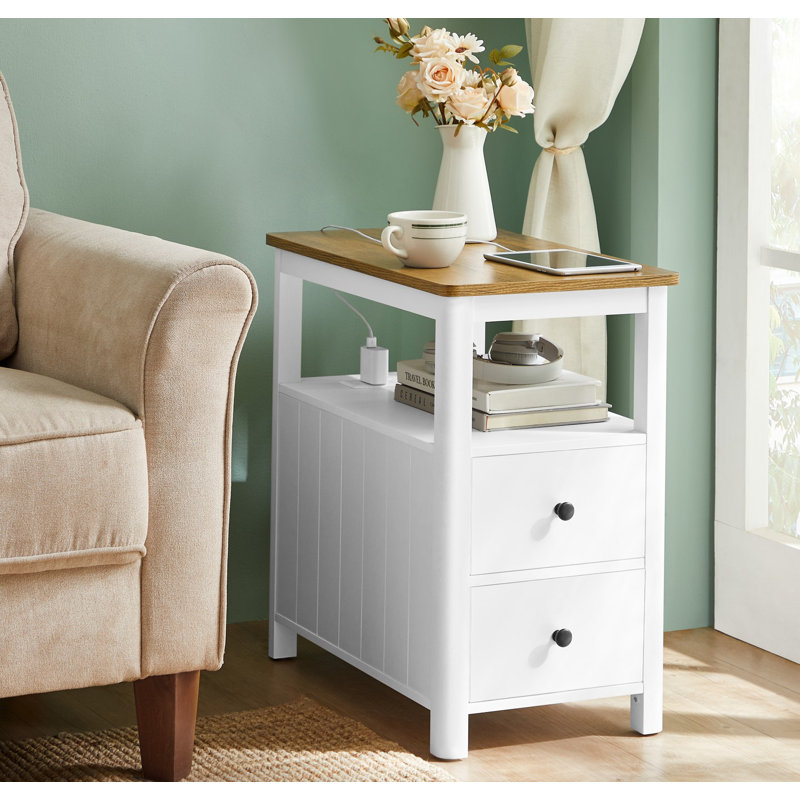 Philbin 2-Drawer End Table with Charging Station, Honey Brown