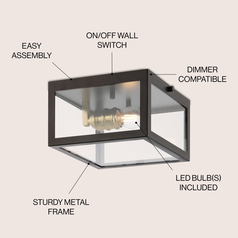 Bechtold Farmhouse Industrial Square Iron/Glass Case LED Flush Mount, Oil Rubbed Bronze/Brass Gold, 5" H x 8" W x 8" D