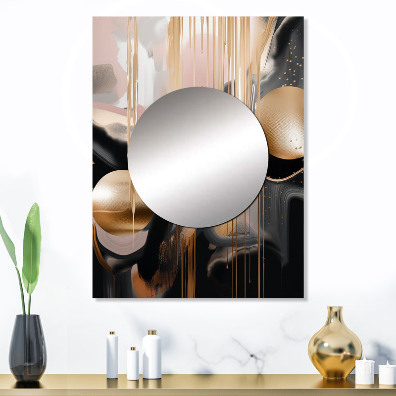 Or et marbre noir Expression II - miroir décoratif en marbre, grand miroir mural doré, impression d'art en métal