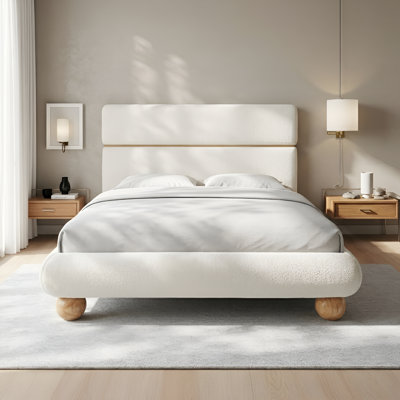 Windsor Upholstered Cream Boucle Platform Bed With Solid Wood Leg