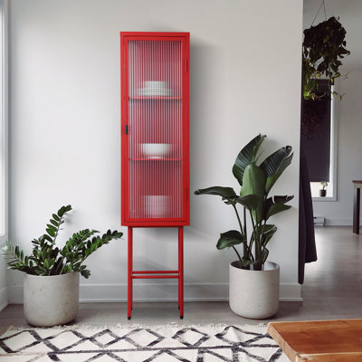 Grande armoire autoportante en métal de style rétro avec porte vitrée et trois tablettes amovibles pour le bureau, le salon, le buffet de la console de cuisine et le vestibule de chevet ROUGE