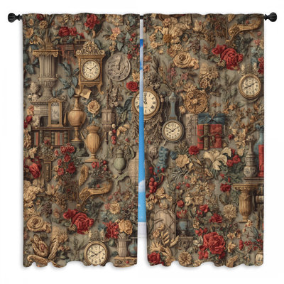 Horloges de rideaux rétro et fleurs assombrissant - 2 panneaux