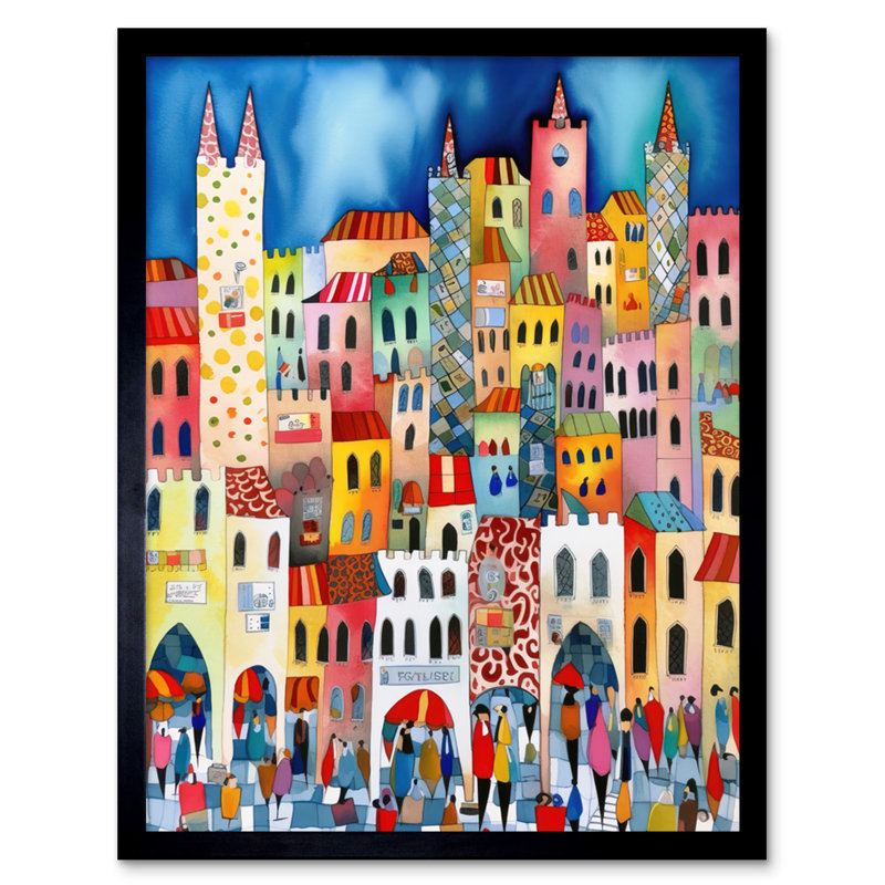 Busy Street Vertical Cityscape Folk Art Watercolour Painting Artwork Framed Wall Art Print 9X7 Inch