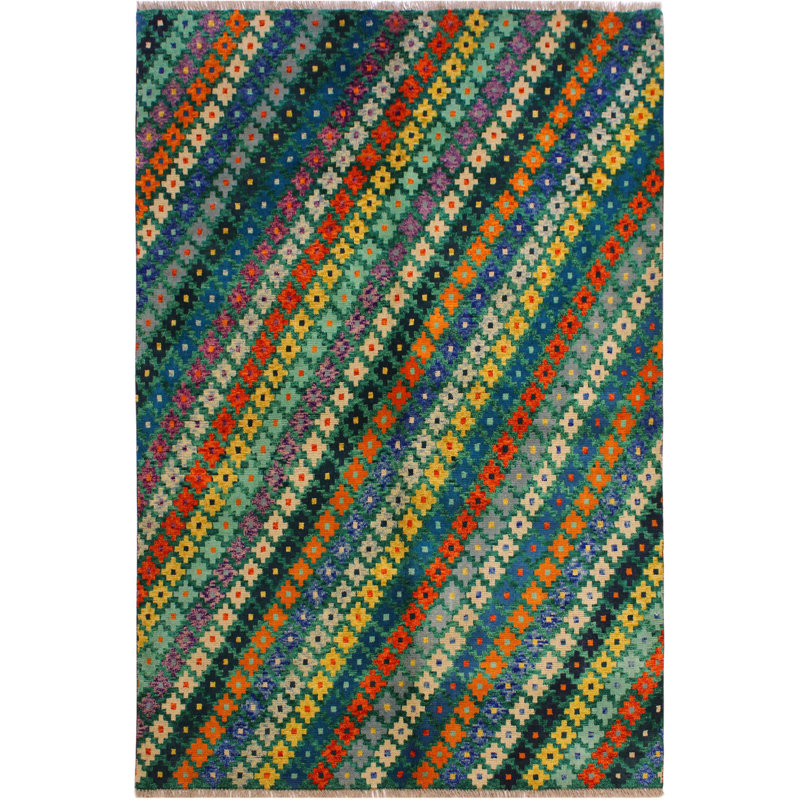 Tapis vert rayé en laine noué à la main 4 pi 11 po x 6 pi 8 po Laudalino