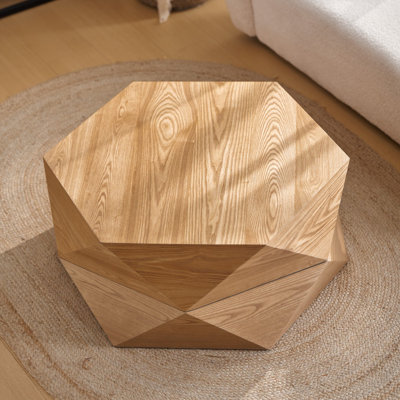 Table basse de 36,61 po de style rétro avec plateau rabattable Polygon, avec plateau rabattable pour un accès pratique, rangement caché, table basse cylindrique en placage de bois massif avec rangement pour le salon, la chambre à coucher et le bureau, naturel