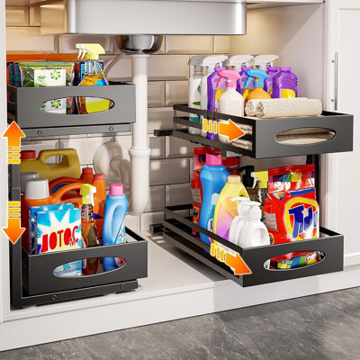 Ensemble de 2 organisateurs sous évier à 2 niveaux avec hauteur réglable, tiroirs en métal coulissants, support de rangement coulissant pour cuisine, salle de bain et garde-manger, noir