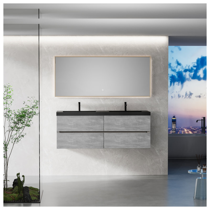 Meuble-lavabo mural de 60 po avec double lavabo en quartz noir sable, armoire en bois d'ingénierie gris ciment avec 4 tiroirs à fermeture en douceur