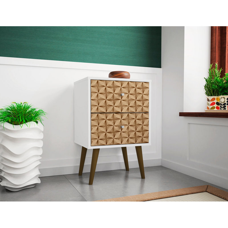 18 Inch Nightstand with 2 Drawers, Natural and White for Modern Bedrooms and Living Rooms